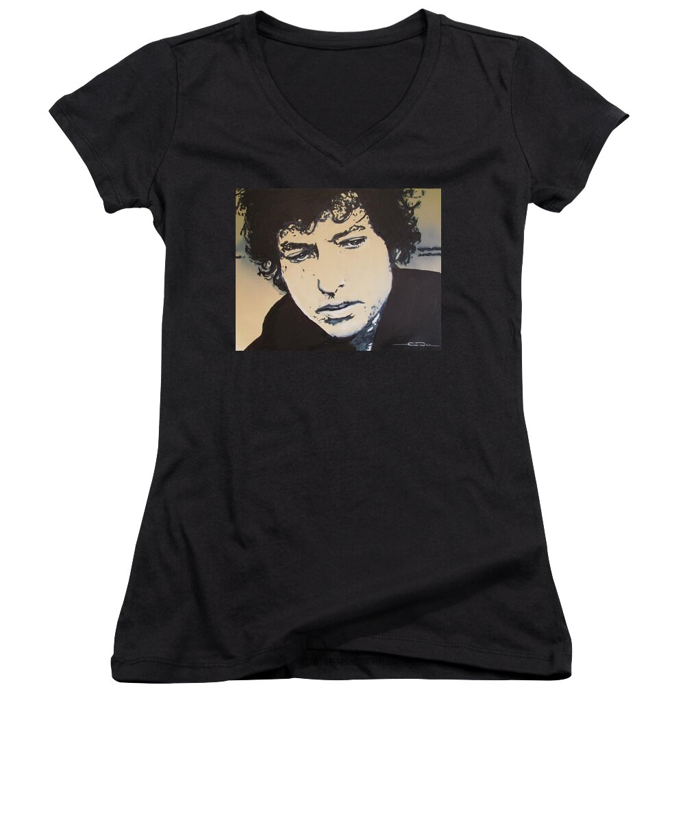 Bob Dylan Women's V-Neck featuring the drawing Bob Dylan - It's Alright Ma by Eric Dee