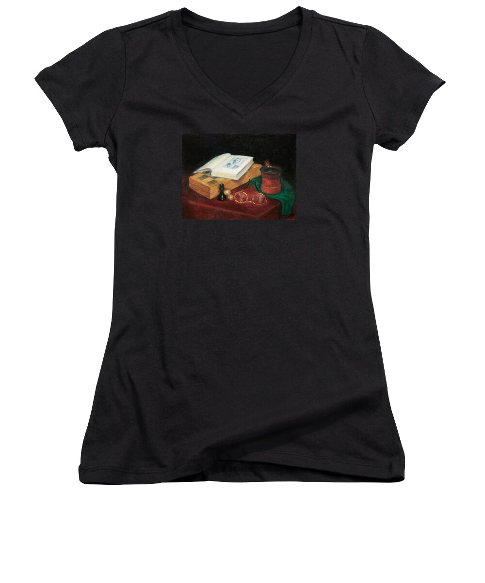 Book Women's V-Neck featuring the painting Books-Chess-Coffee by Masha Batkova