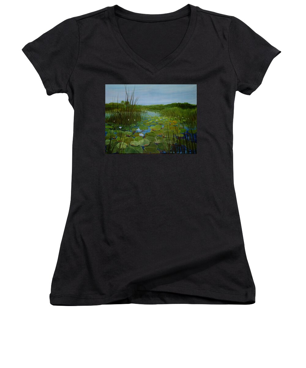 South Africa Women's V-Neck featuring the painting Botswana Lagoon by Maryann Boysen
