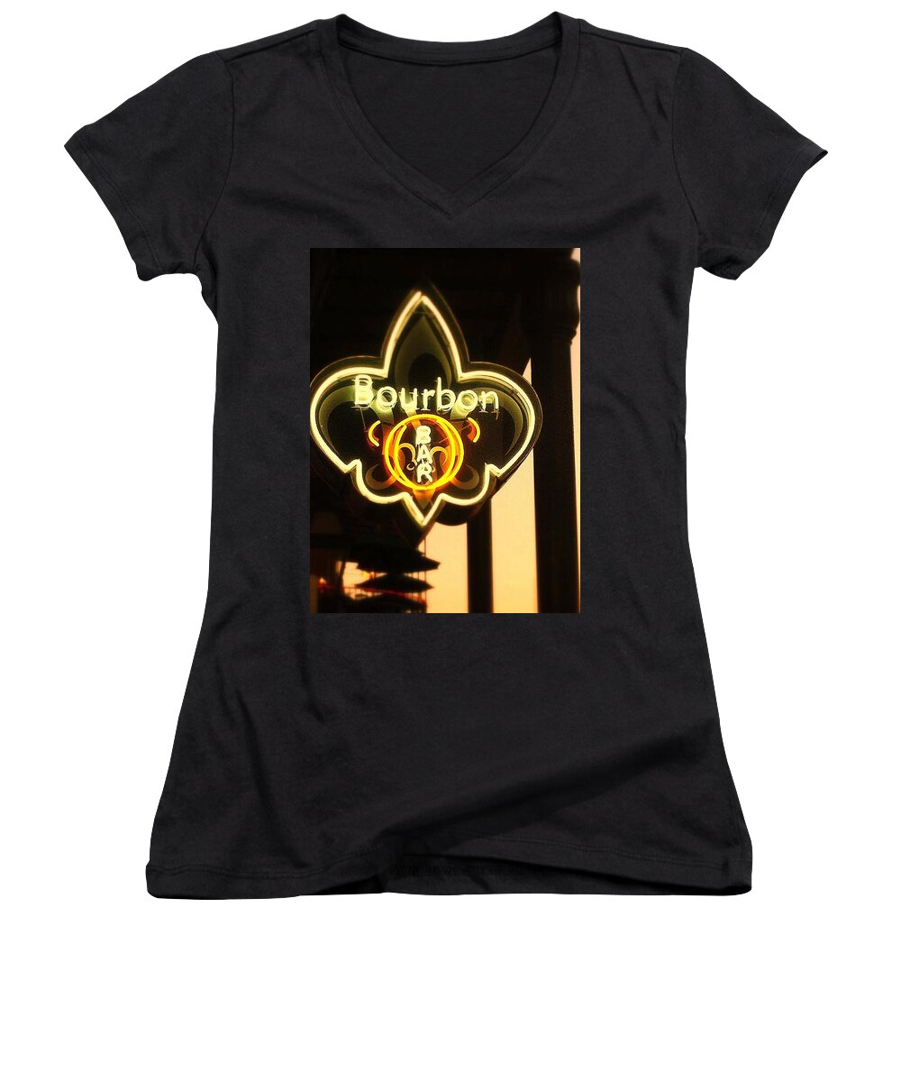 New.orleans Women's V-Neck featuring the photograph Bourbon Street Bar New Orleans by Saundra Myles