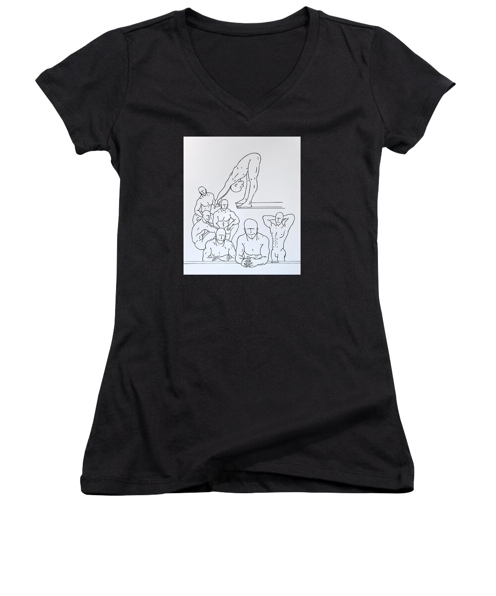 Figurative Women's V-Neck featuring the drawing Boys At Play #5 by Thomas Gronowski