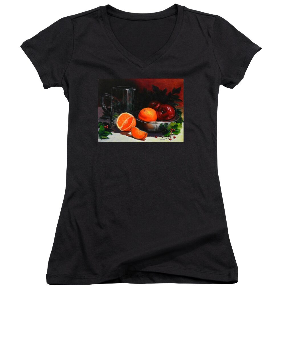 Ningning Women's V-Neck featuring the painting Breakfast Fruits, Peru Impression by Ningning Li