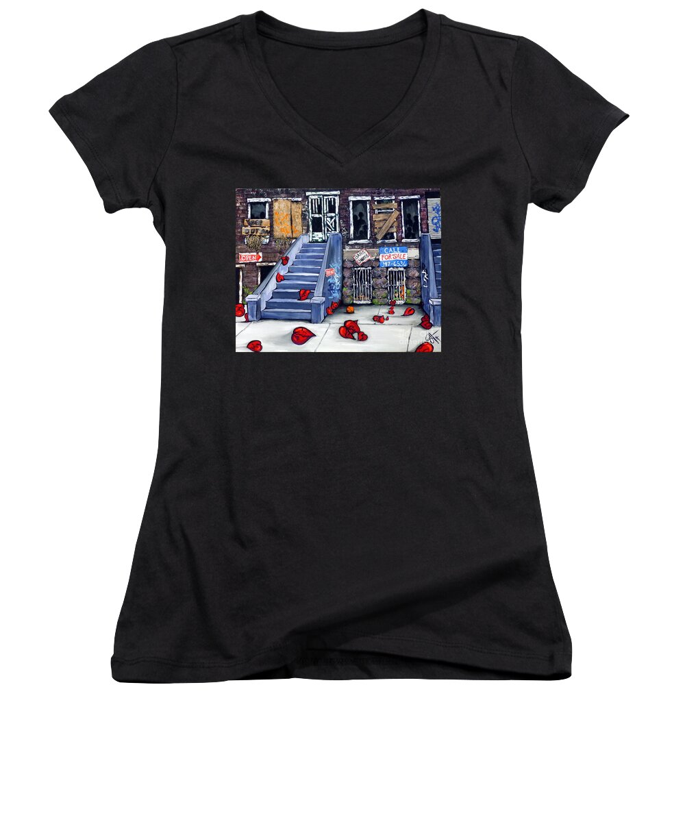 Jackie Women's V-Neck featuring the painting Broken Hearts Blvd. Boulevard by Jackie Carpenter