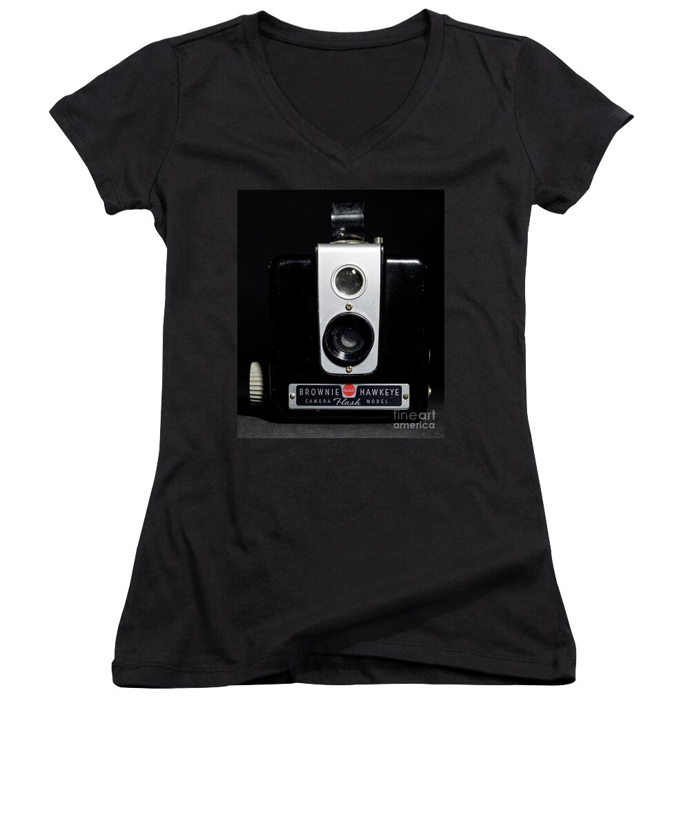 Brownie Women's V-Neck featuring the photograph Brownie Hawkeye Flash Camera by Art Whitton