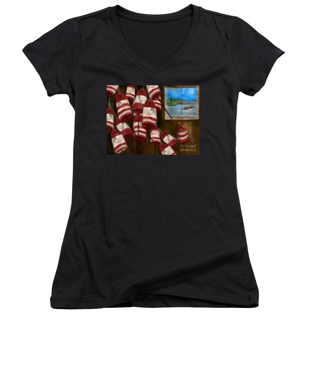 Boating Women's V-Neck featuring the digital art Buoys with a view   by Christine Fournier