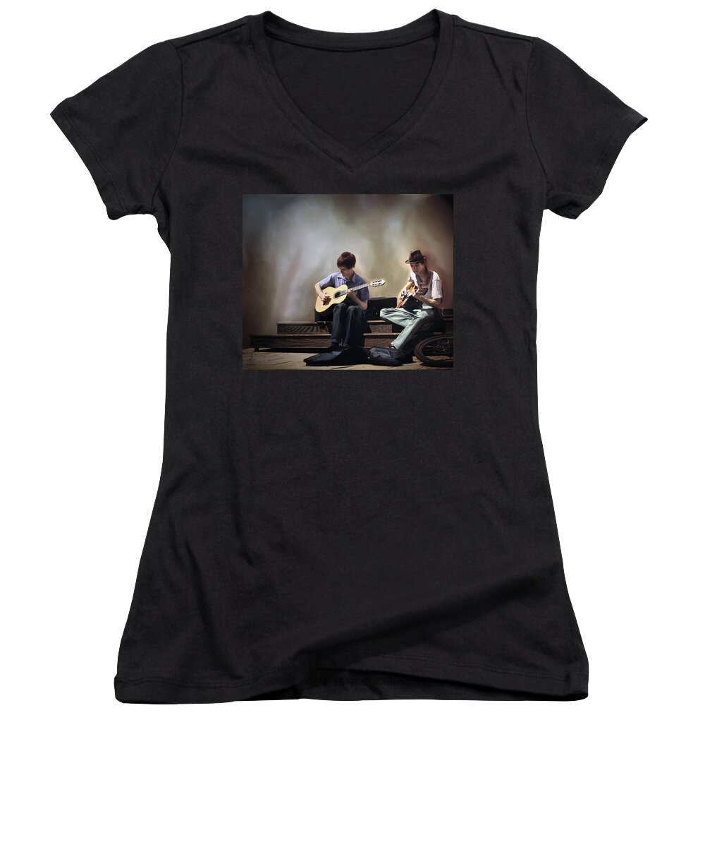 Buskers Women's V-Neck featuring the digital art Buskers by Pennie McCracken