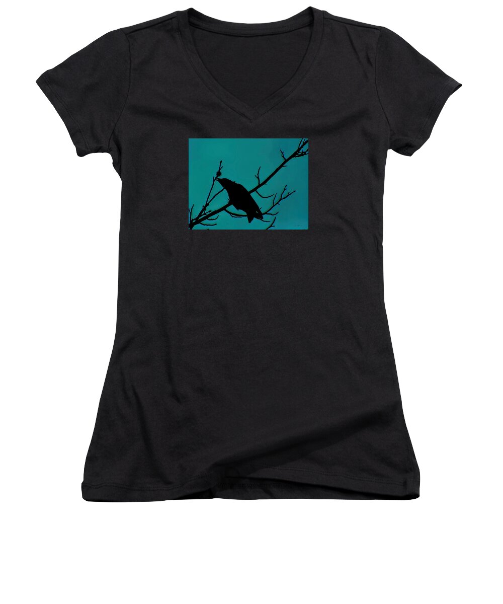 Crow Women's V-Neck featuring the mixed media Call of the Crow on Aqua 2 by Lesa Fine