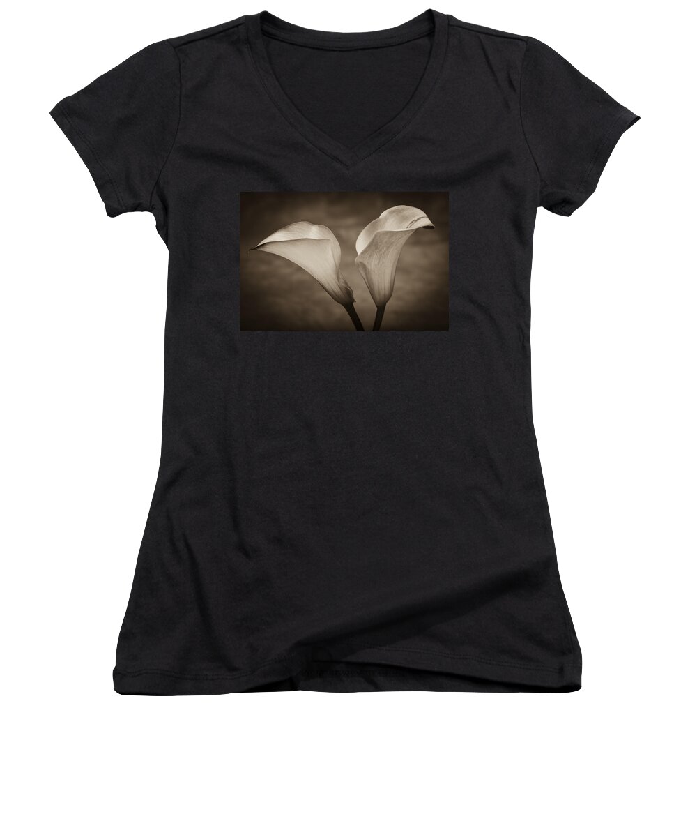 Green Women's V-Neck featuring the photograph Calla Lilies in Sepia by Sebastian Musial
