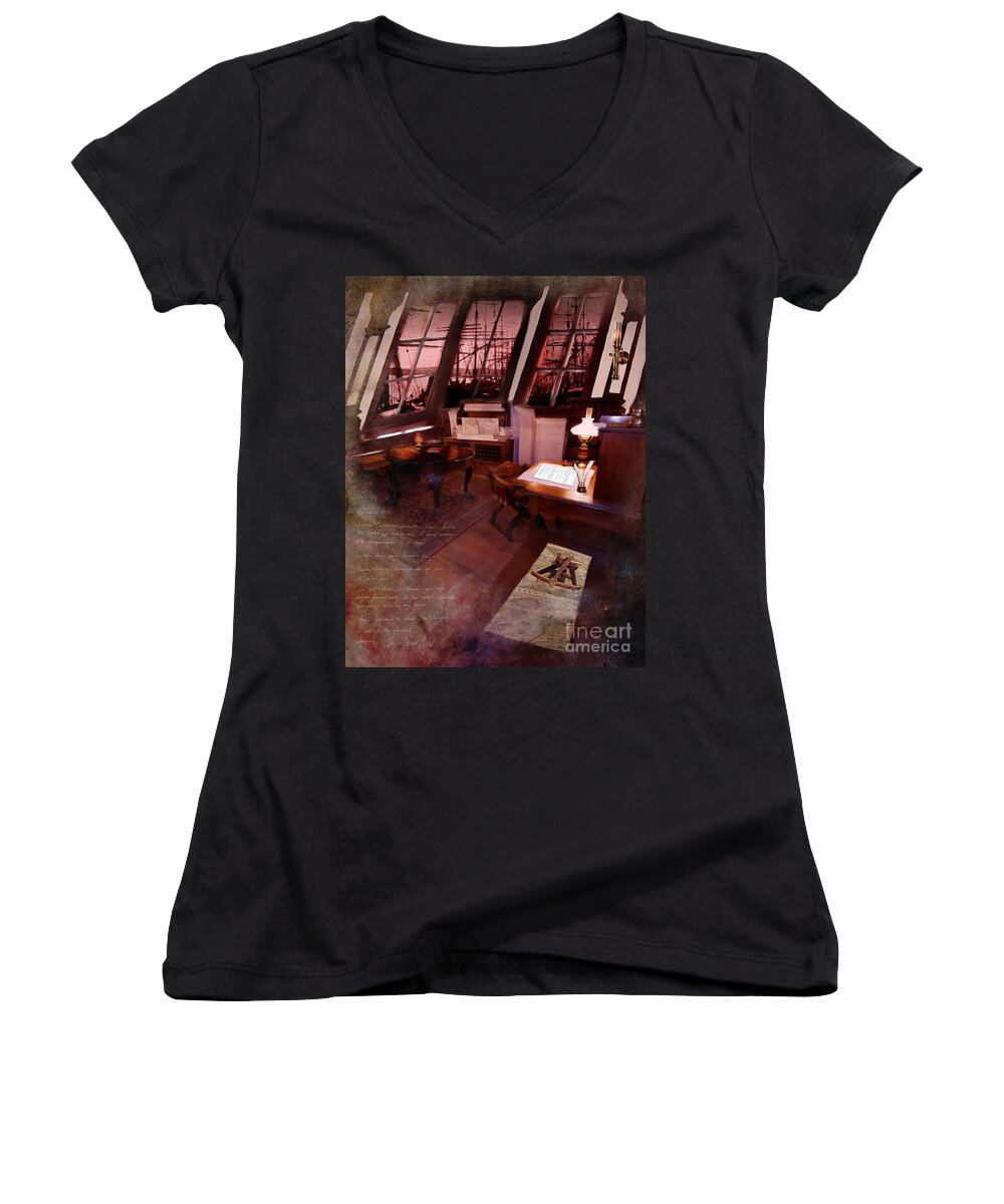 Nautical Women's V-Neck featuring the digital art Captain's Cabin on the Dicey by Lisa Redfern