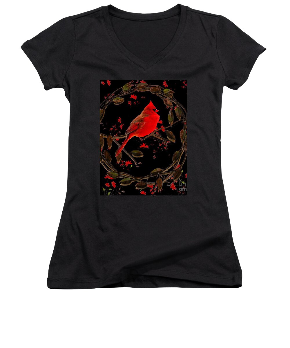 Male Women's V-Neck featuring the photograph Cardinal on Metal Wreath by Janette Boyd