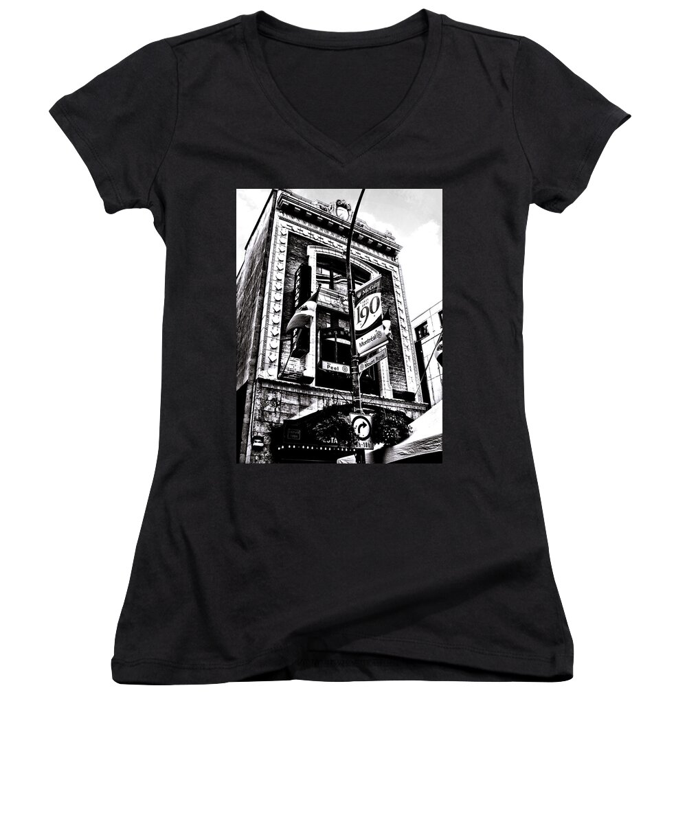 Carlos Women's V-Neck featuring the photograph Carlos and Pepe's Montreal Mexican Bar BW by Shawn Dall