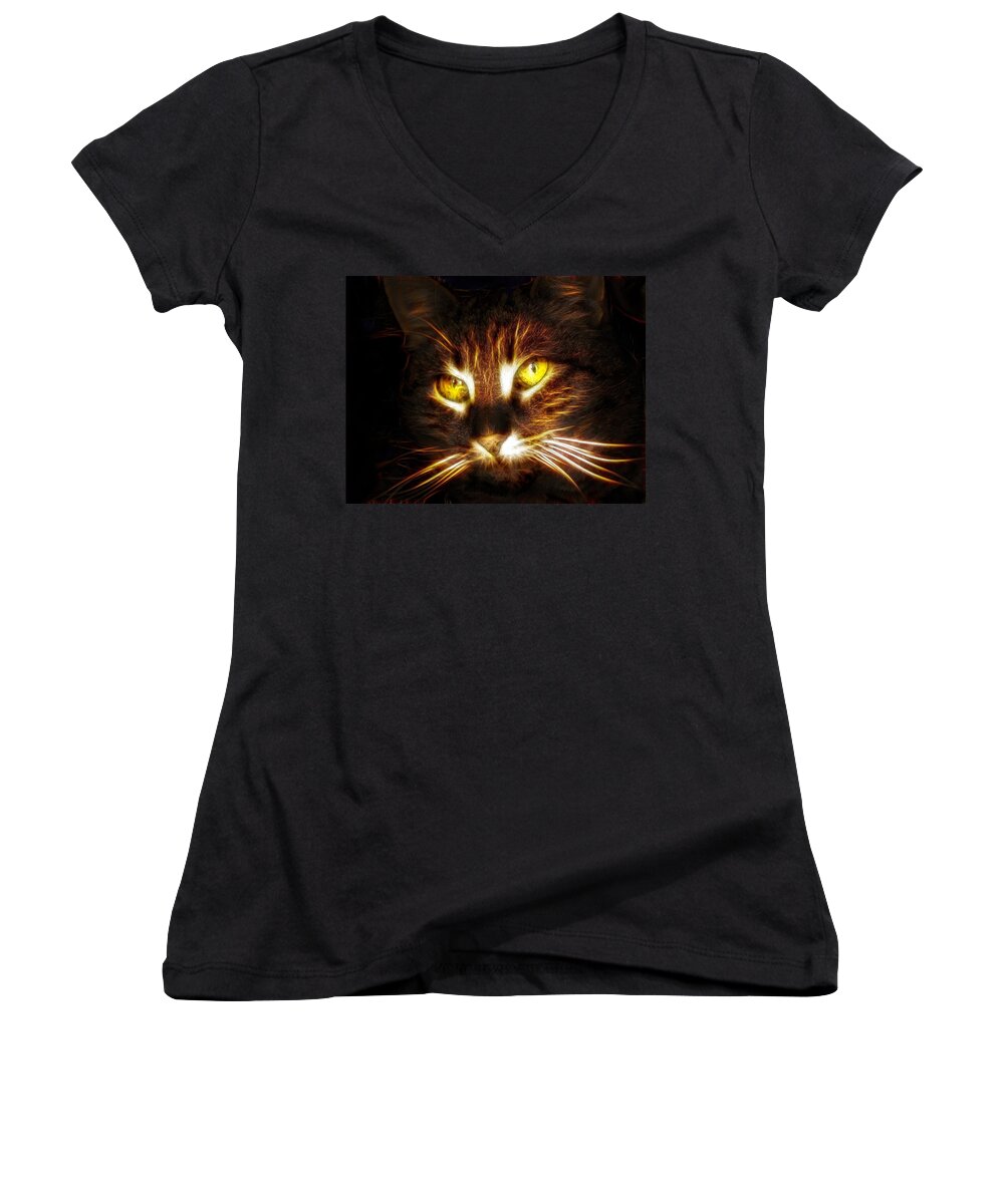 Cat Women's V-Neck featuring the digital art Cat's Eyes - Fractal by Lilia S