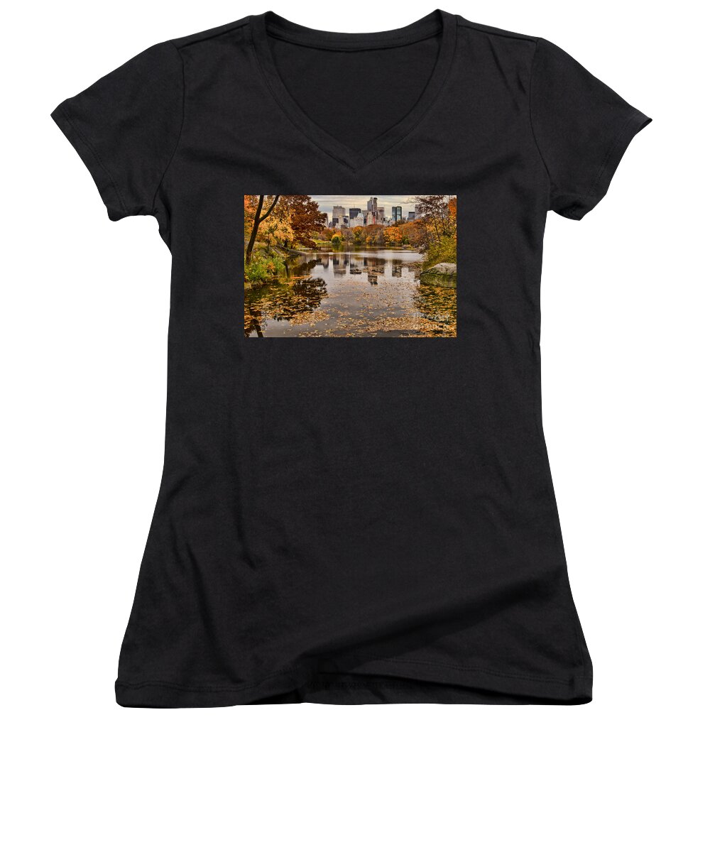 New York City Women's V-Neck featuring the photograph Central Park in the Fall New York City by Sabine Jacobs