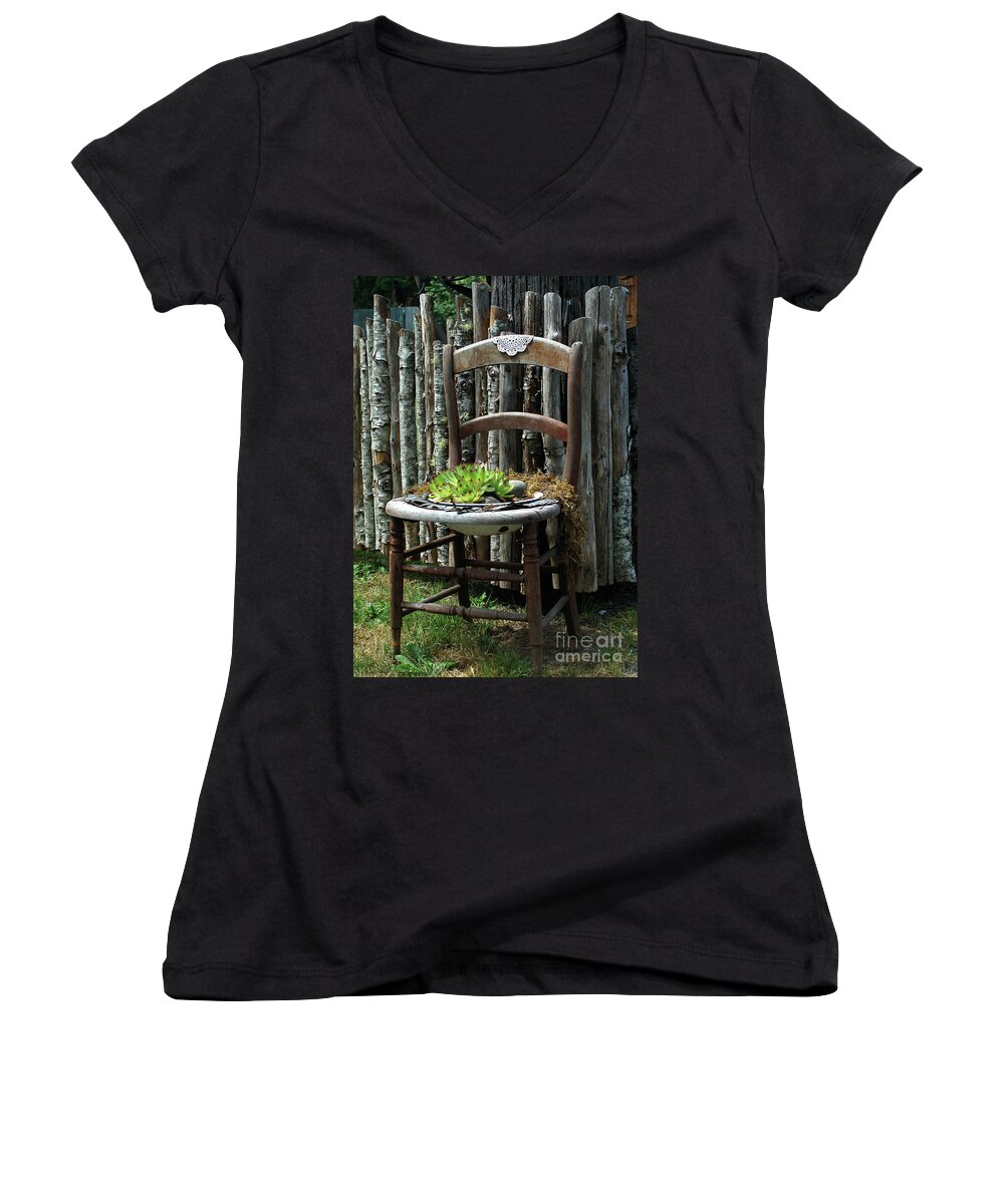 Planter Women's V-Neck featuring the photograph Chair planter by Ron Roberts