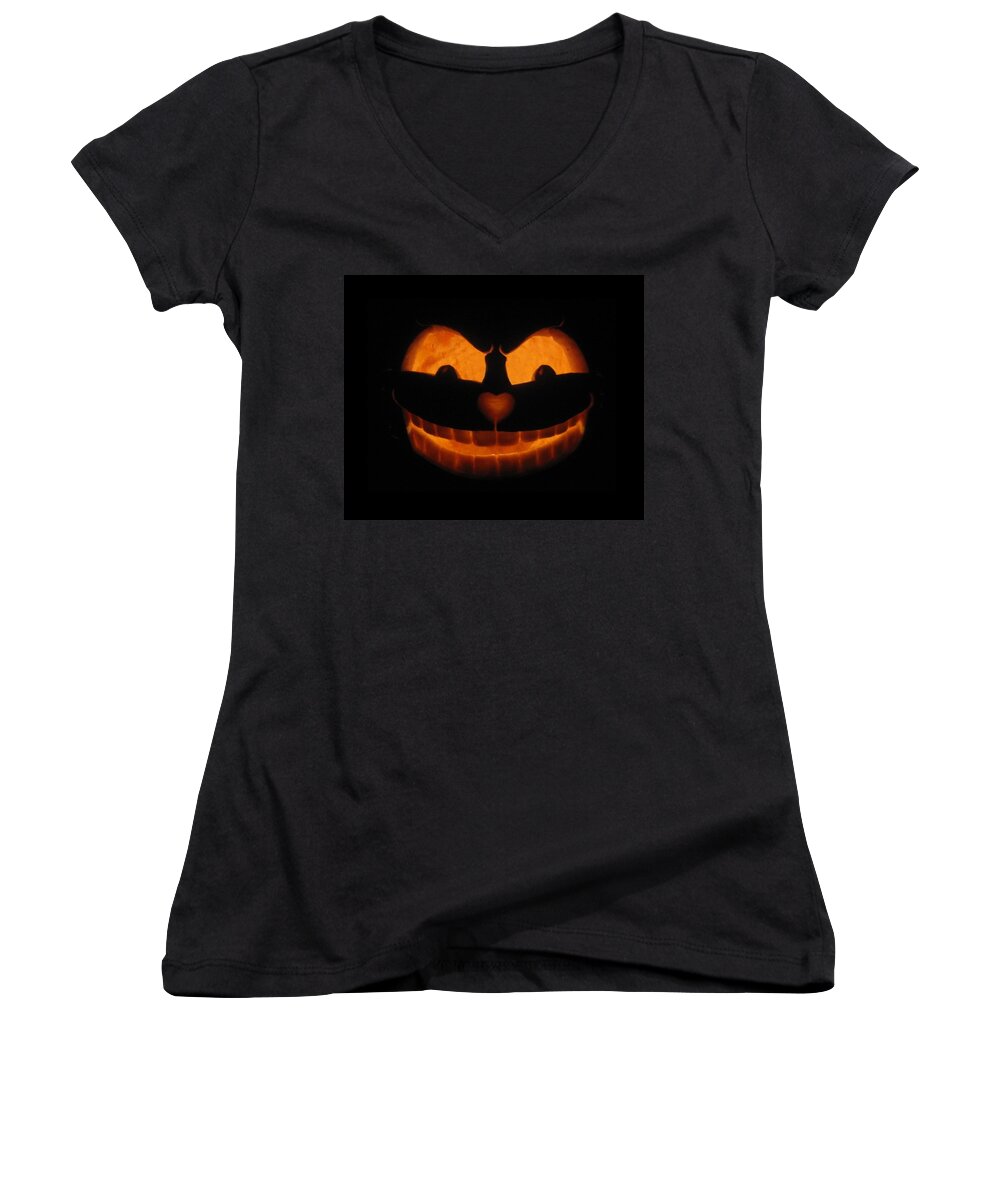 Pumpkin Women's V-Neck featuring the sculpture Cheshire Cat by Shawn Dall
