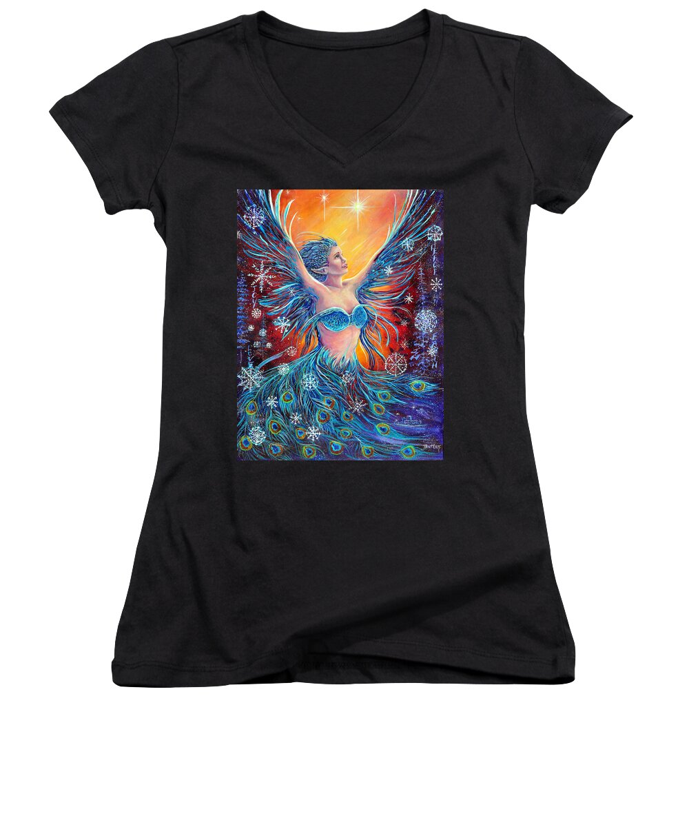 Holiday Christmas Fairy Peacock Spirit Color Women's V-Neck featuring the painting Christmas Spirit by Gail Butler