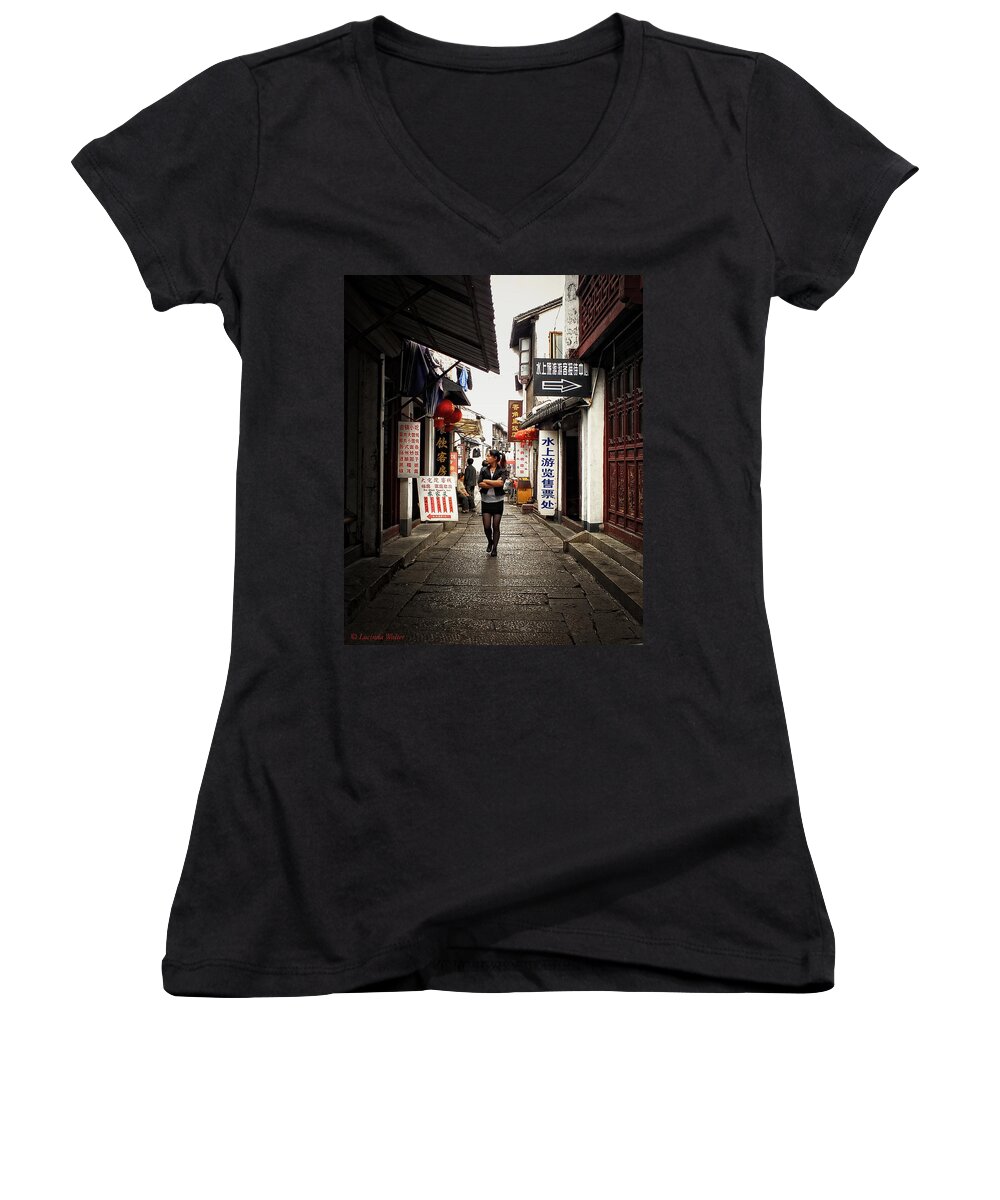 Woman Women's V-Neck featuring the photograph City Life in Ancient China by Lucinda Walter