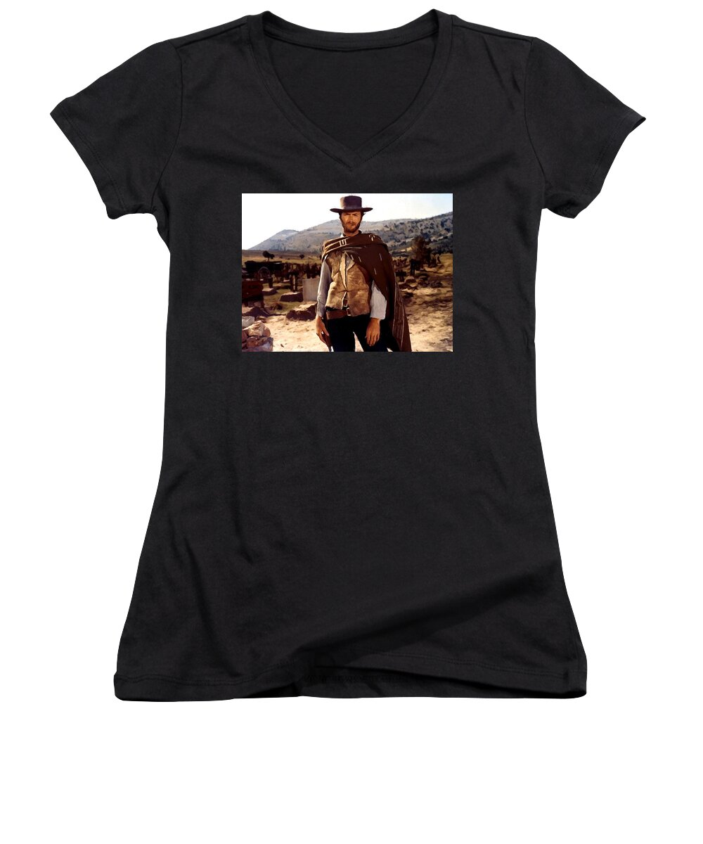 Clint Women's V-Neck featuring the painting Clint Eastwood Outlaw by Gianfranco Weiss