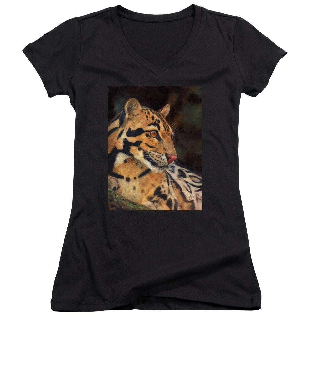 Clouded Leopard Women's V-Neck featuring the painting Clouded Leopard by David Stribbling