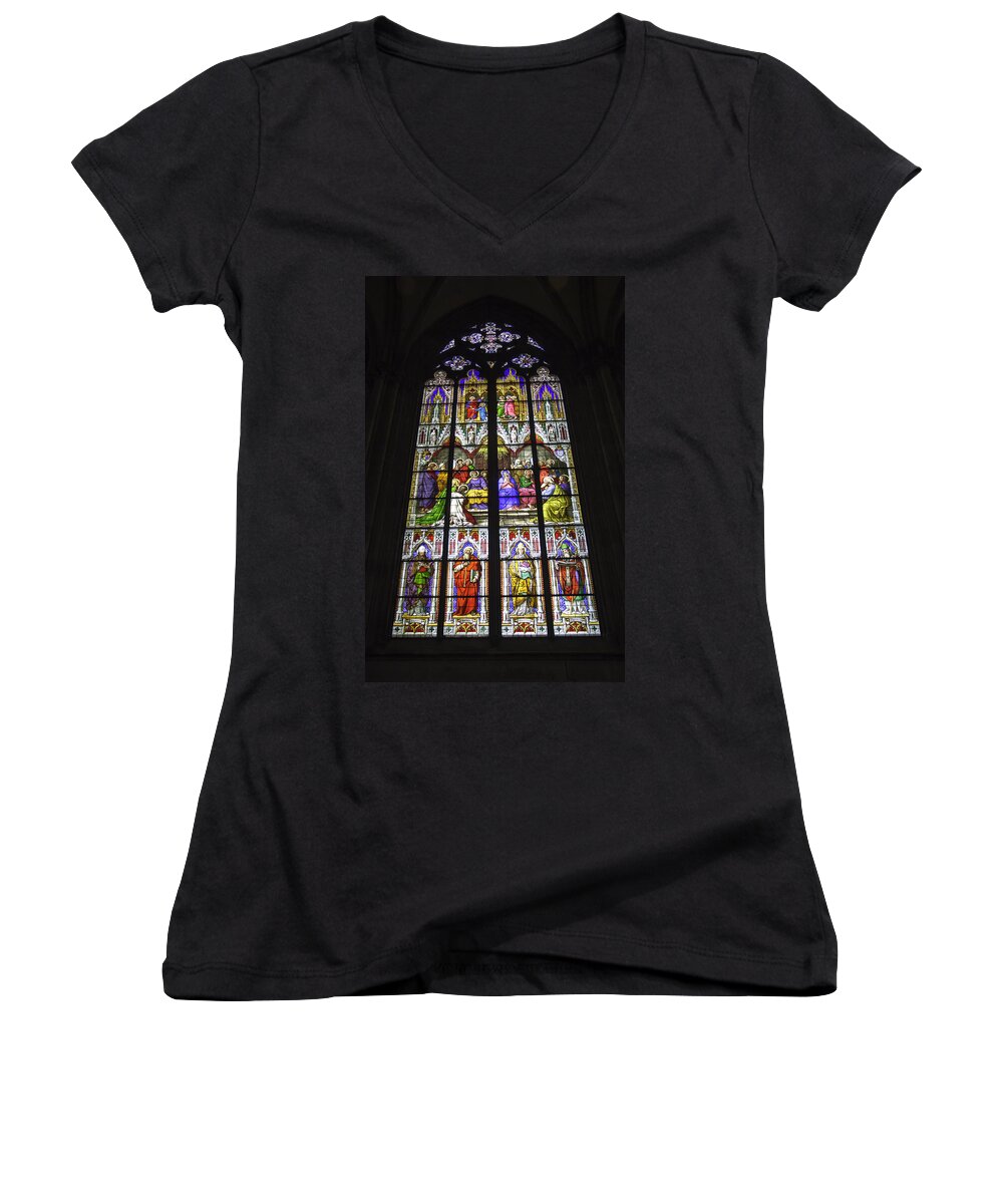 Cologne Cathedral Women's V-Neck featuring the photograph Cologne Cathedral Stained Glass Window of Pentecost by Teresa Mucha