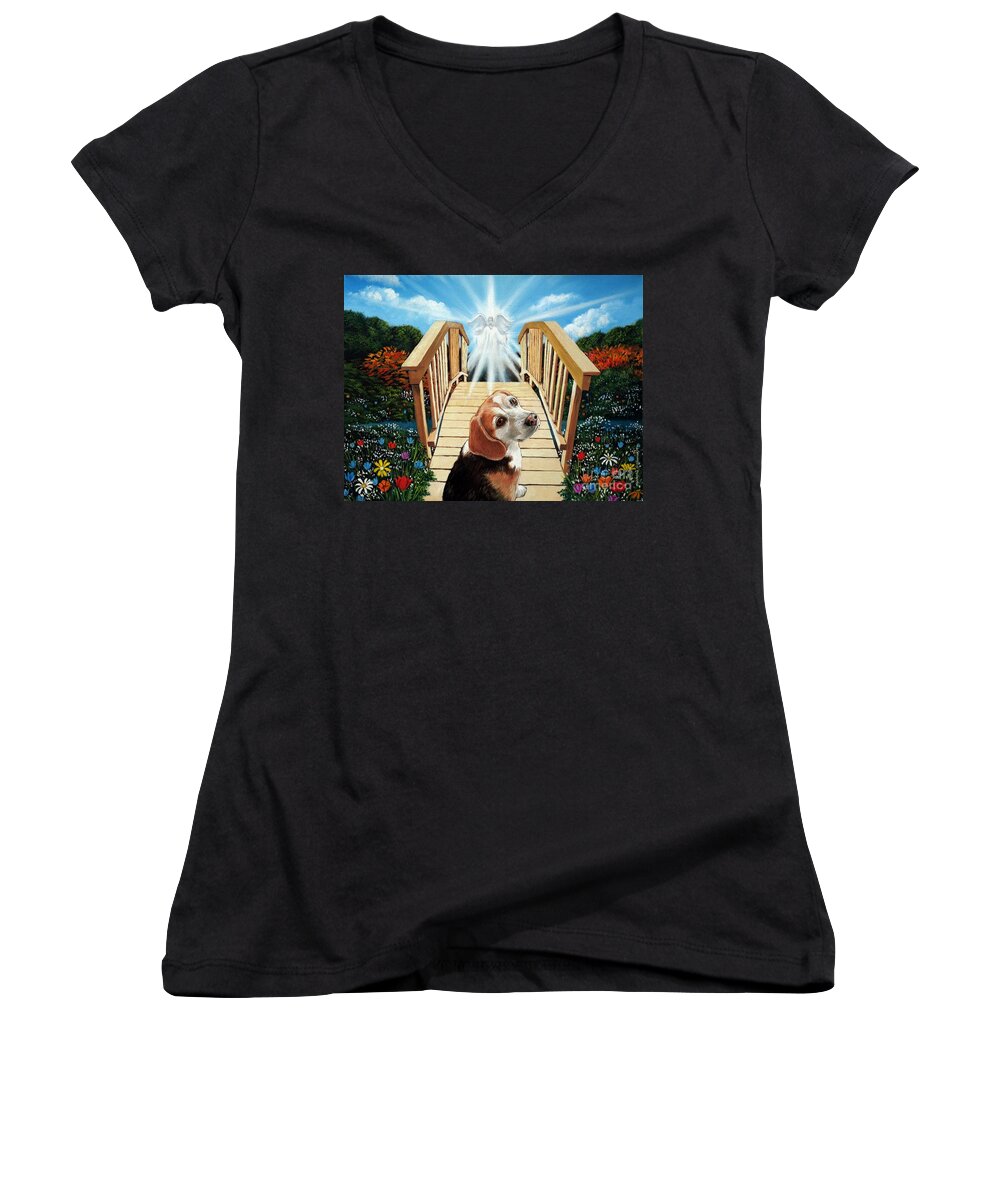 Angel Women's V-Neck featuring the painting Come walk with me over the rainbow bridge by Christopher Shellhammer
