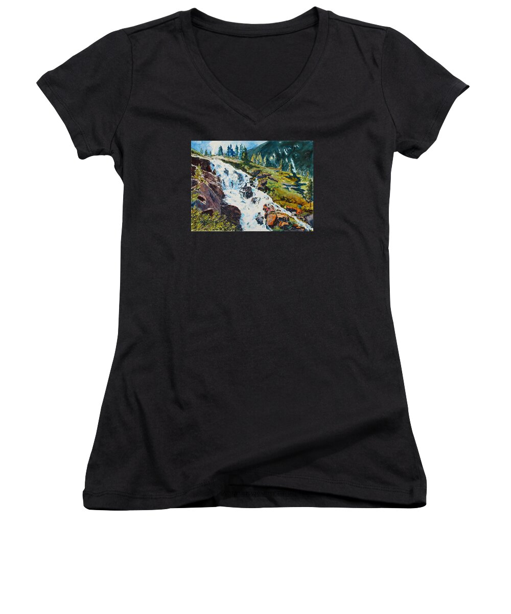 Continental Falls Women's V-Neck featuring the painting Continental Falls by Mary Benke
