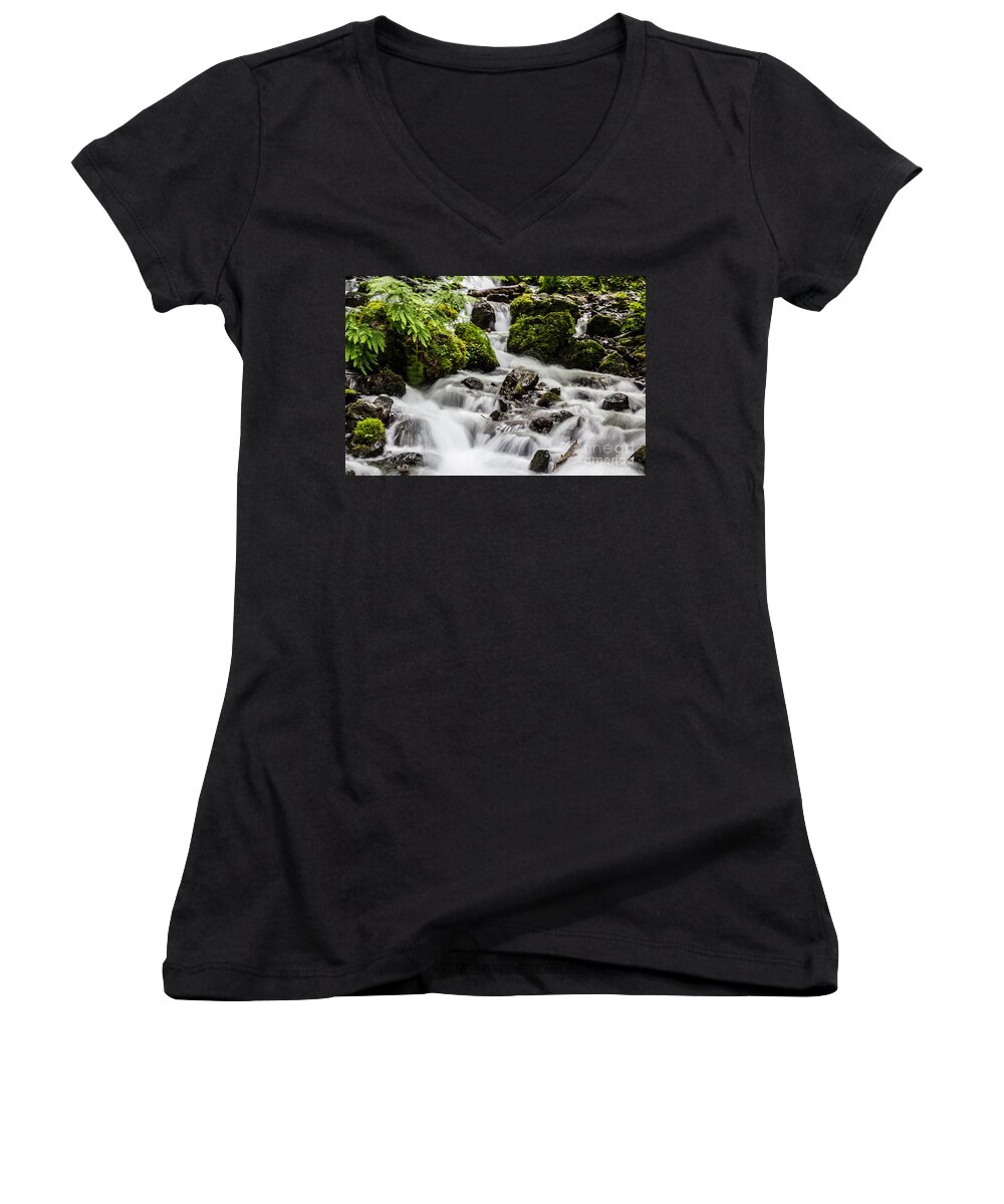 Wahkeena Falls Women's V-Neck featuring the photograph Cool Waters by Suzanne Luft