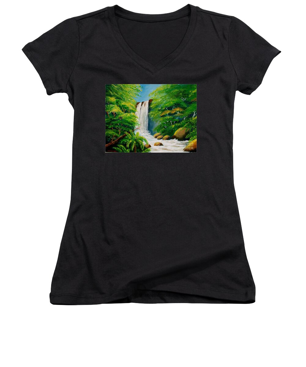 Water Women's V-Neck featuring the painting Costa Rica waterfall by Jean Pierre Bergoeing