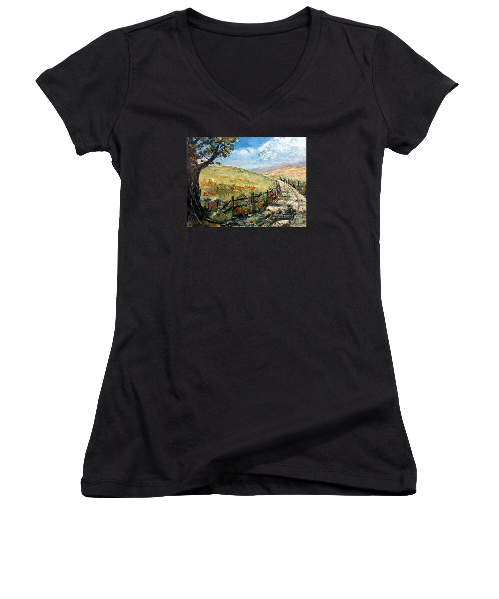 Rural Women's V-Neck featuring the painting Country Road by Lee Piper