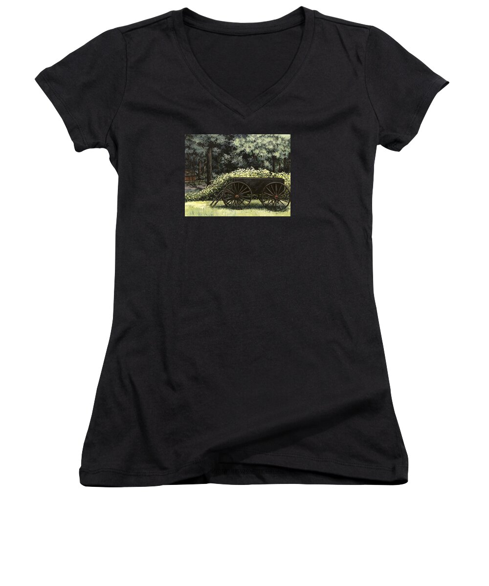 Country Women's V-Neck featuring the painting Country Wagon by Mary Palmer