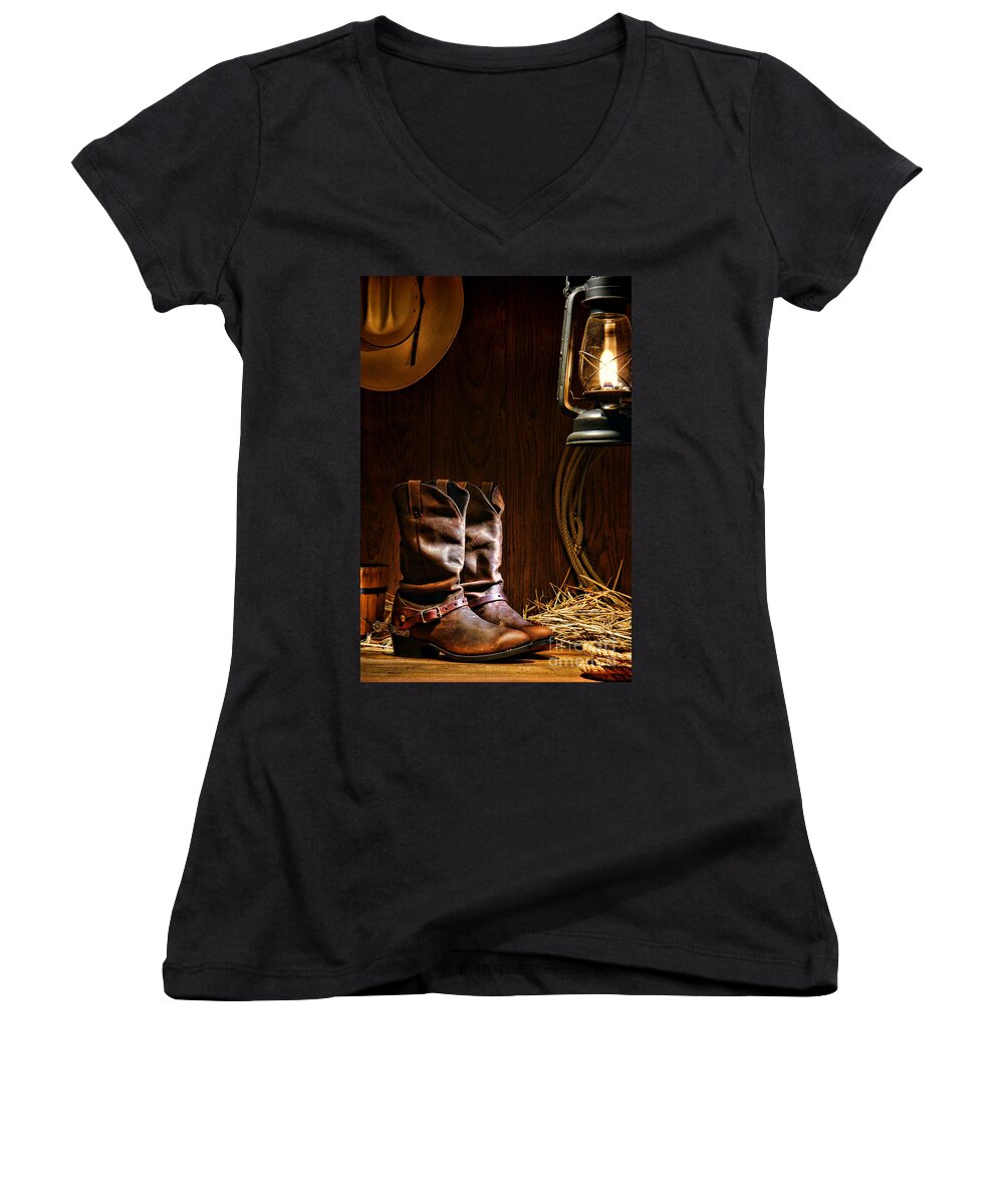 Western Women's V-Neck featuring the photograph Cowboy Boots at the Ranch by Olivier Le Queinec