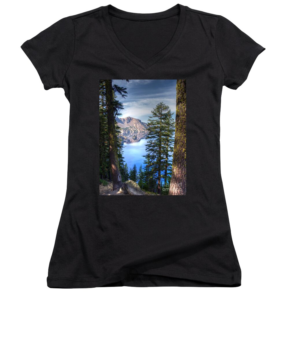Crater Lake Oregon Women's V-Neck featuring the photograph Crater Lake 1 by Jacklyn Duryea Fraizer