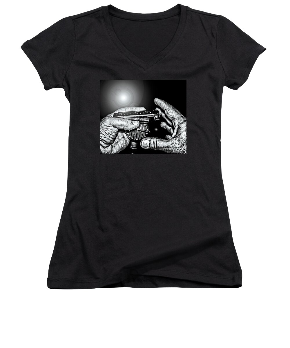 Music Women's V-Neck featuring the photograph Cross-Harp Blues by Robert Frederick