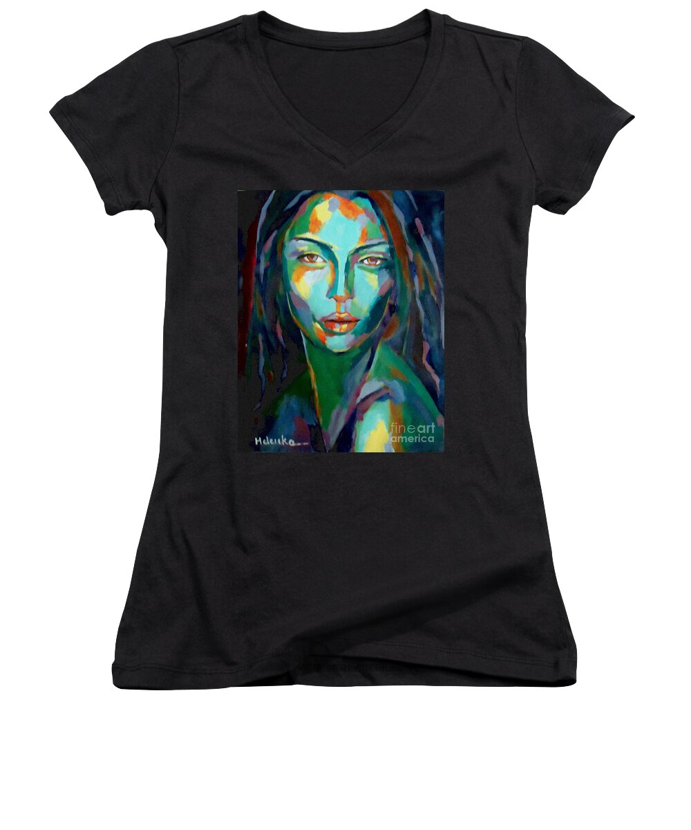 Contemporary Art Women's V-Neck featuring the painting Cunning by Helena Wierzbicki