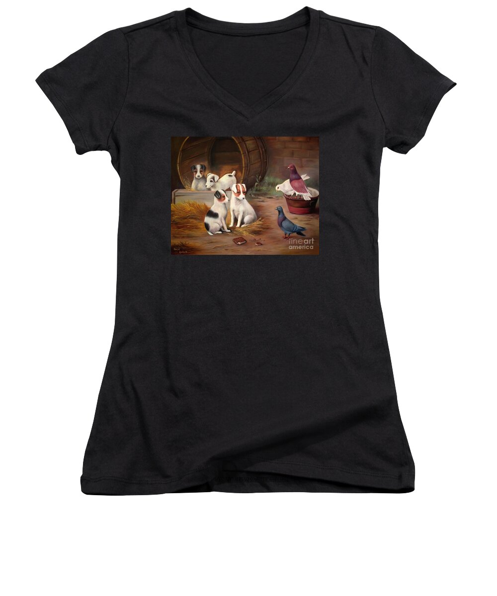 Animals Women's V-Neck featuring the painting Curious Friends by Hazel Holland