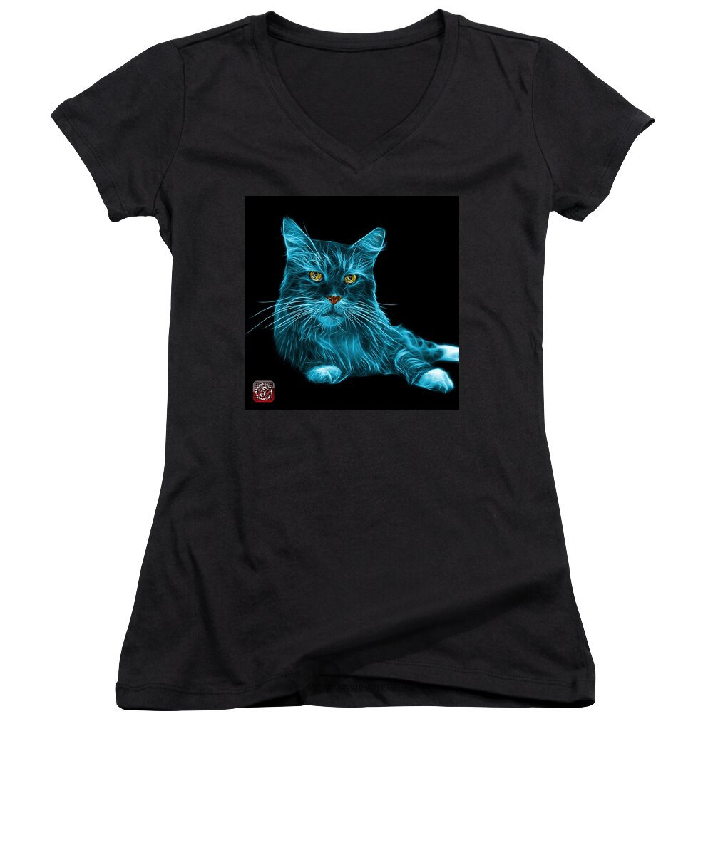 Cat Women's V-Neck featuring the painting Cyan Maine Coon Cat - 3926 - BB by James Ahn