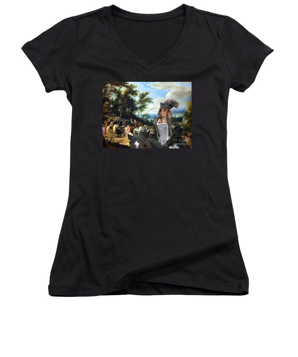 Dachshund Women's V-Neck featuring the painting Dachshund Art - Philippe Francois d'Arenberg meeting Troops by Sandra Sij