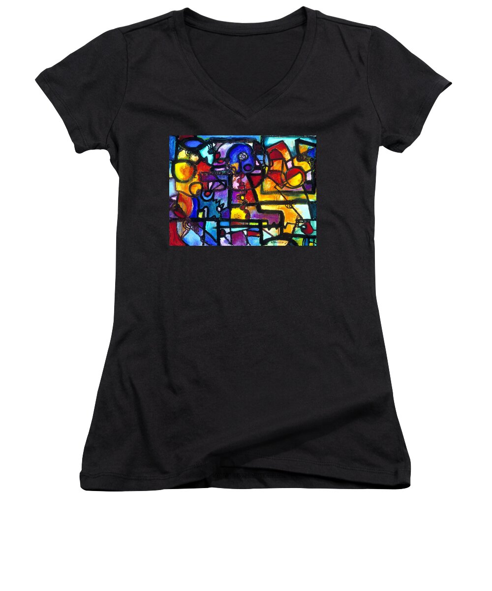 Abstract Women's V-Neck featuring the painting Dance of the Gauge Bosons in Vacuum by Regina Valluzzi