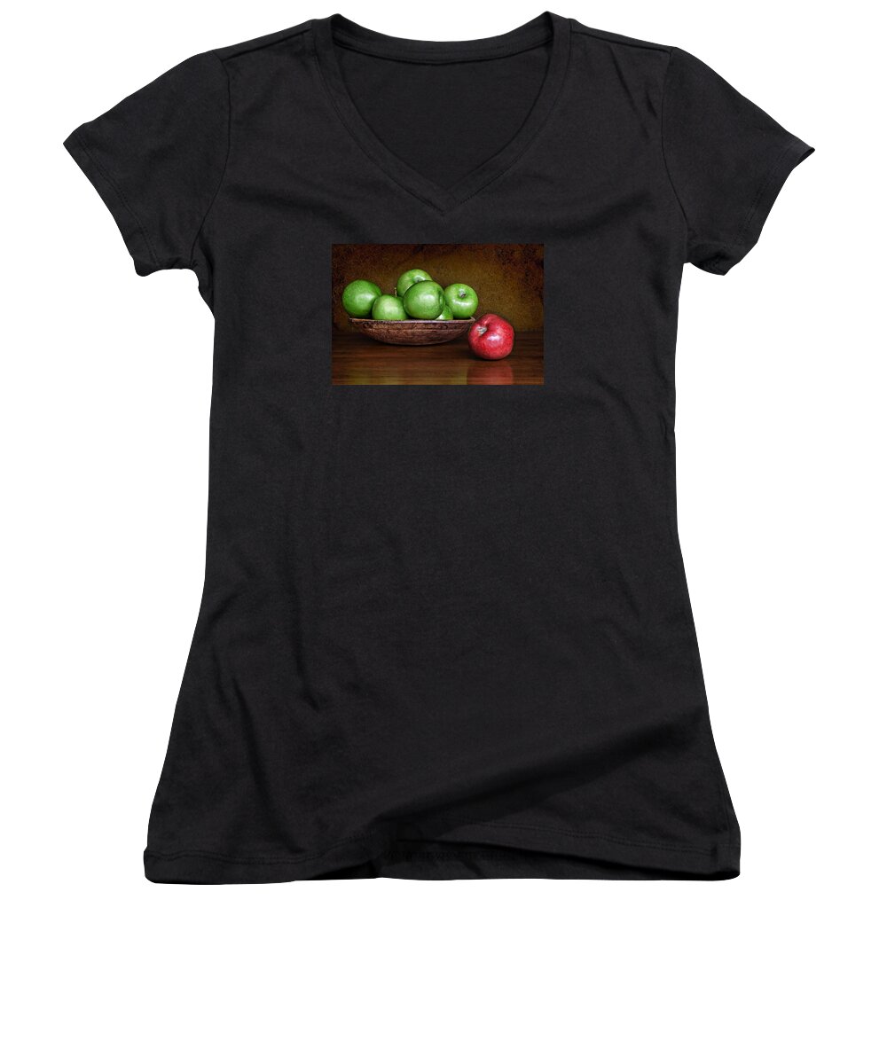Apples Women's V-Neck featuring the photograph Dare to Be Different 3 by Nikolyn McDonald