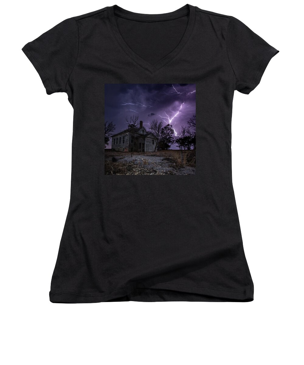 Dark Place Women's V-Neck featuring the photograph Dark Stormy Place by Aaron J Groen