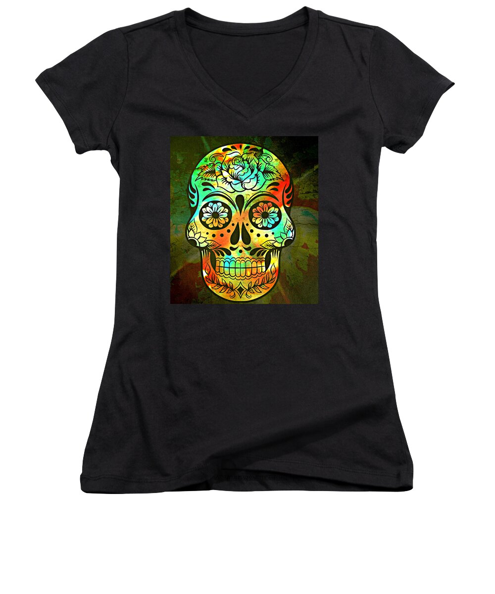 Day Of The Dead Women's V-Neck featuring the digital art Day of the Dead by Ally White