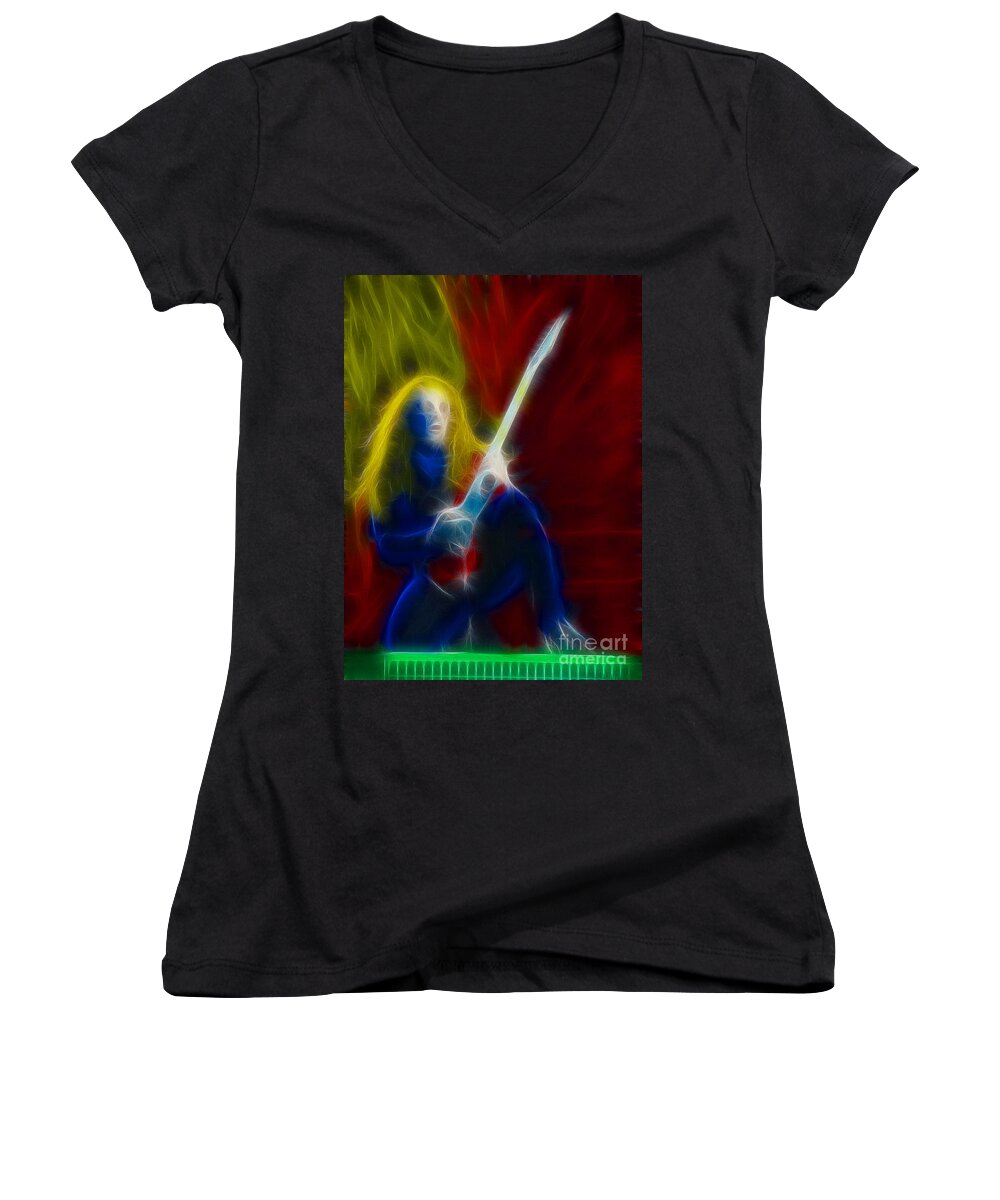Def Leppard Women's V-Neck featuring the photograph Def Leppard-Adrenalize-GA5-Vivian-Fractal by Gary Gingrich Galleries