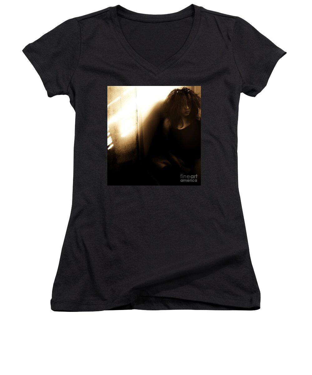 Brown Women's V-Neck featuring the photograph Dejection by Jessica S