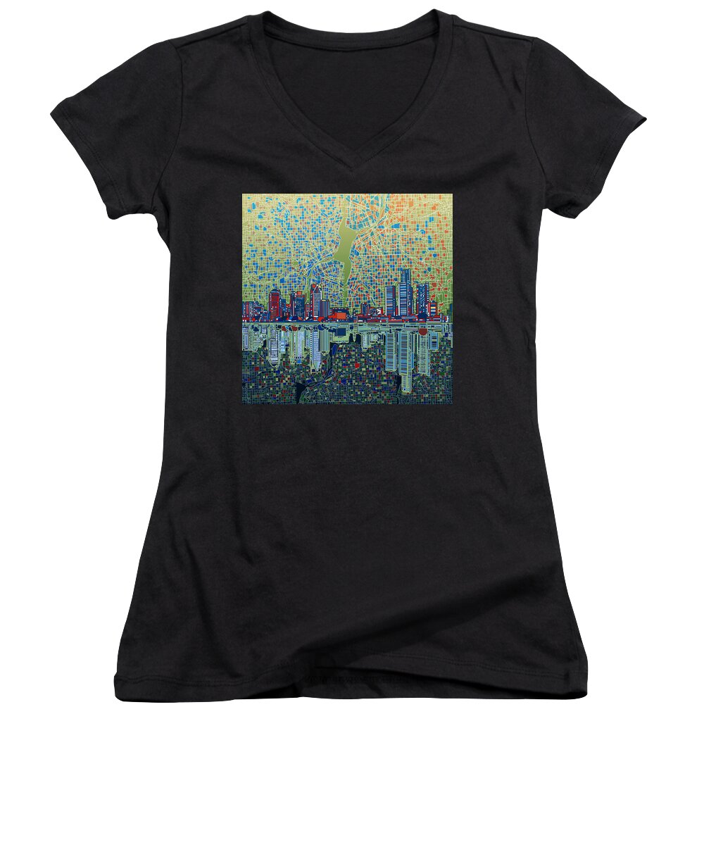 Detroit Women's V-Neck featuring the painting Detroit Skyline Abstract 3 by Bekim M