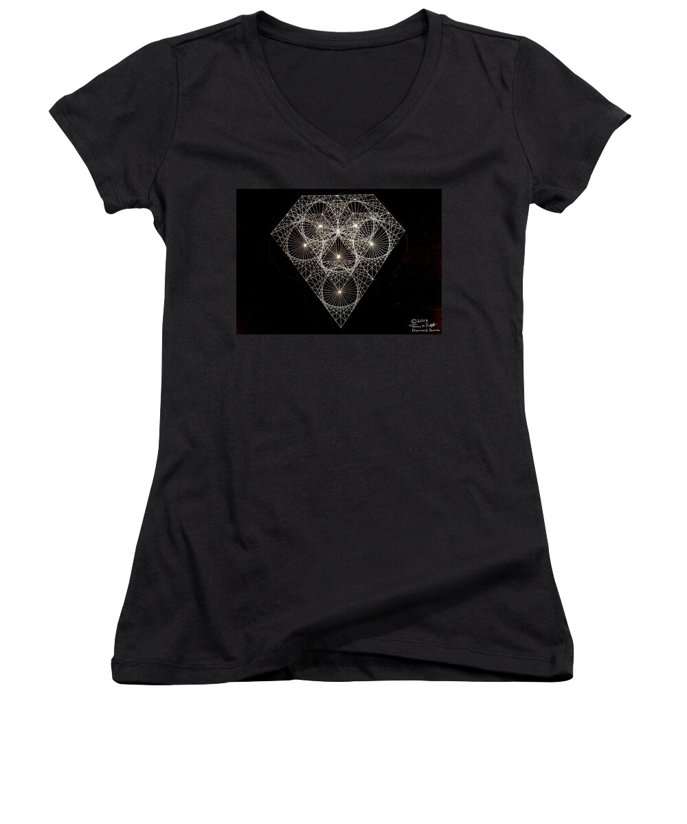 Fractal Women's V-Neck featuring the drawing Diamond White and Black by Jason Padgett