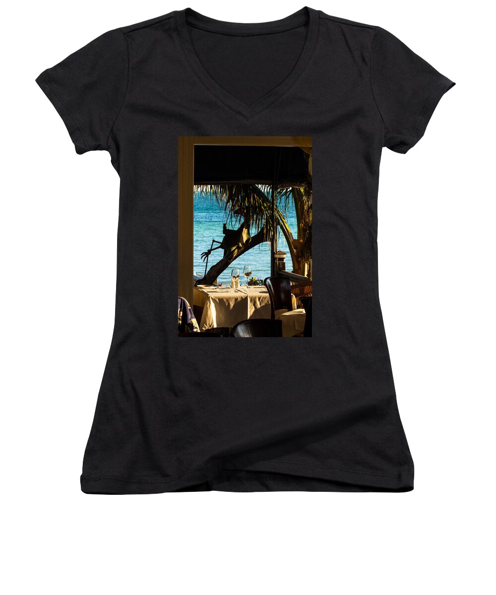 Backyard Women's V-Neck featuring the photograph Dining For Two at Louie's Backyard by Ed Gleichman