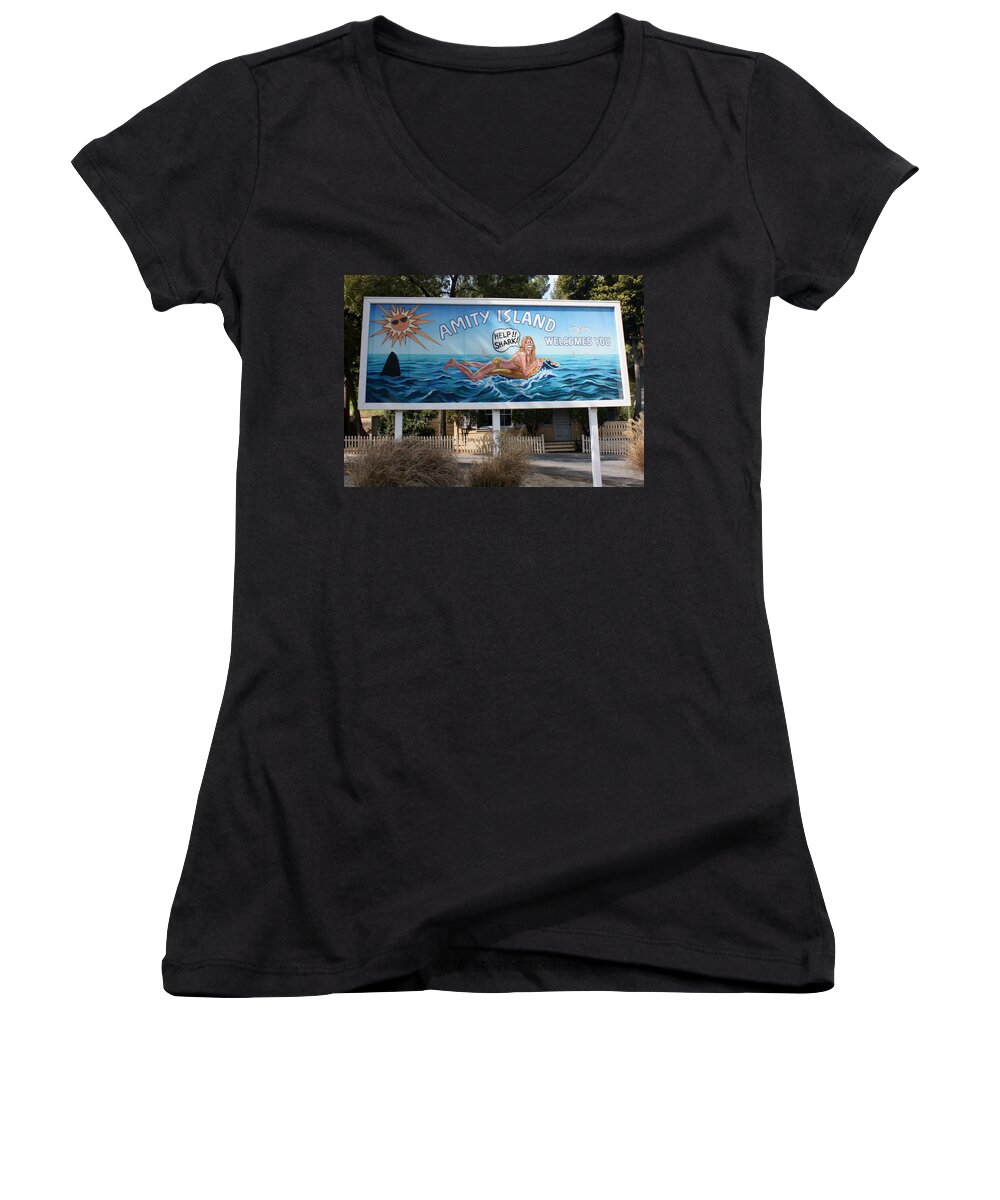 Universal Studios Hollywood Women's V-Neck featuring the photograph Don't Go In The Water by David Nicholls