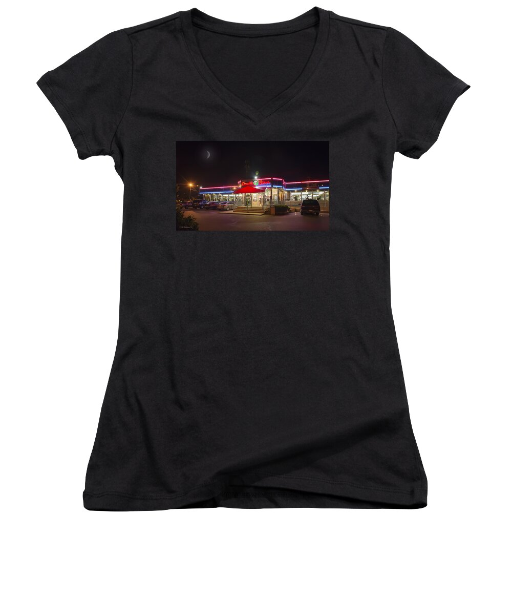 2d Women's V-Neck featuring the photograph Double T Diner At Night by Brian Wallace