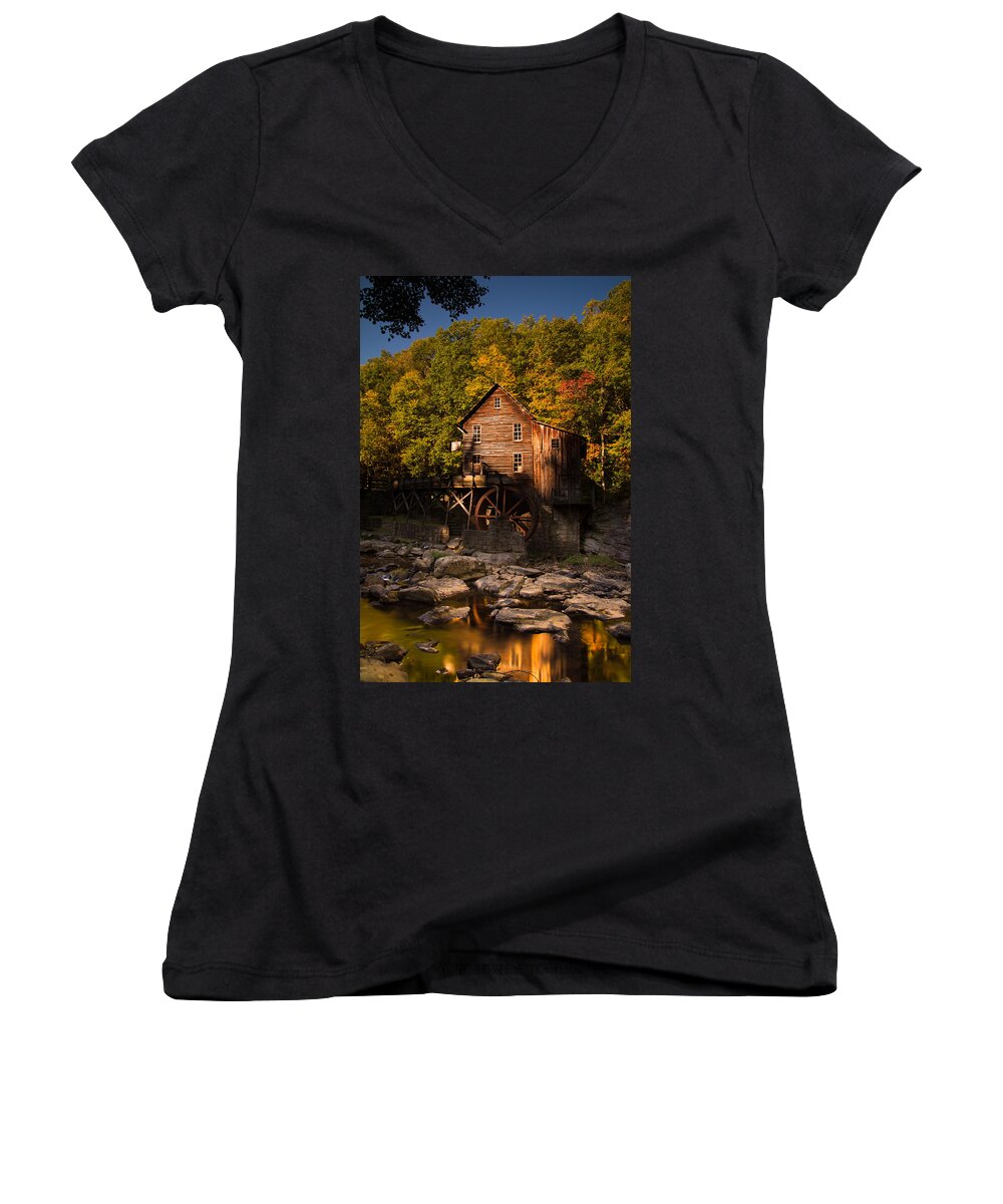 Glade Creek Grist Mill Women's V-Neck featuring the photograph Early Autumn at Glade Creek Grist Mill by Shane Holsclaw