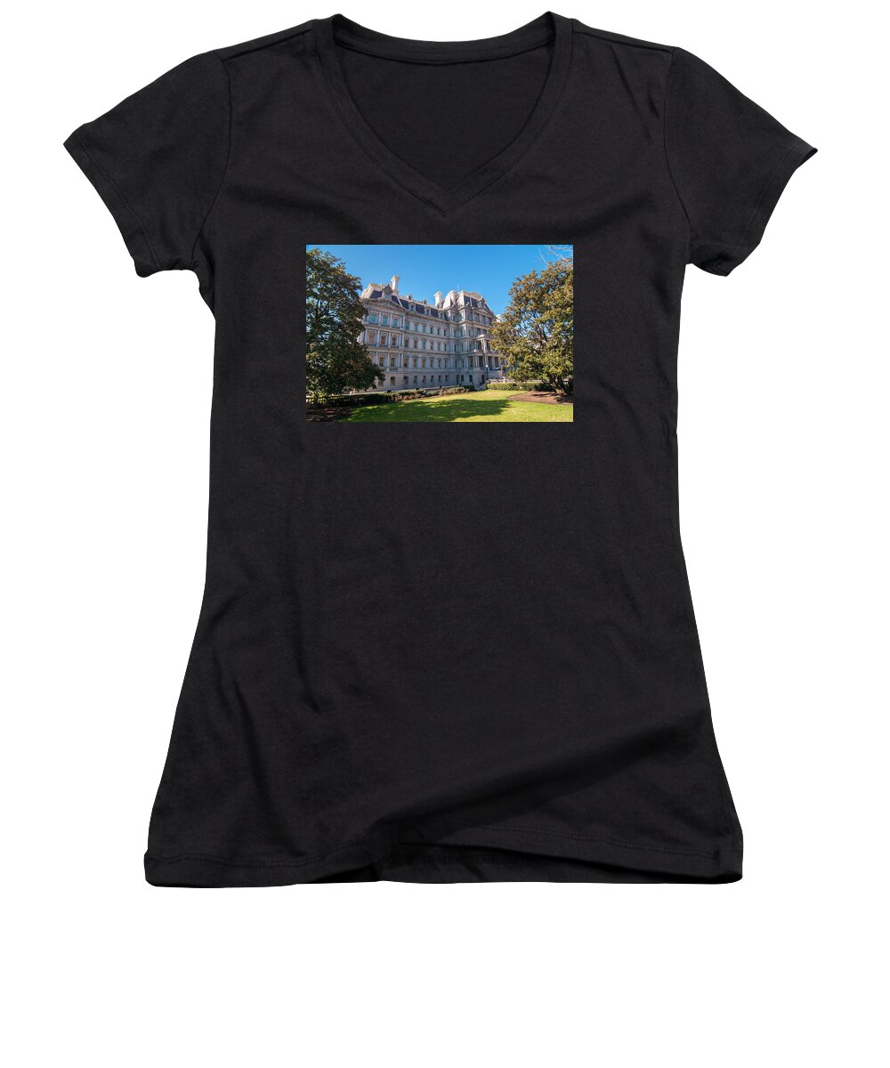 District Women's V-Neck featuring the photograph Eisenhower Executive Office Building in Washington DC by Alex Grichenko